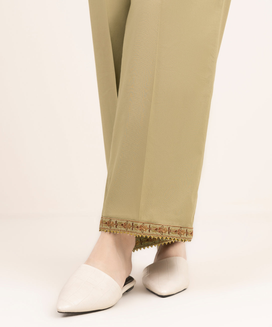 Women's RTW Cotton Viscose Embroidered Beige Straight Pants