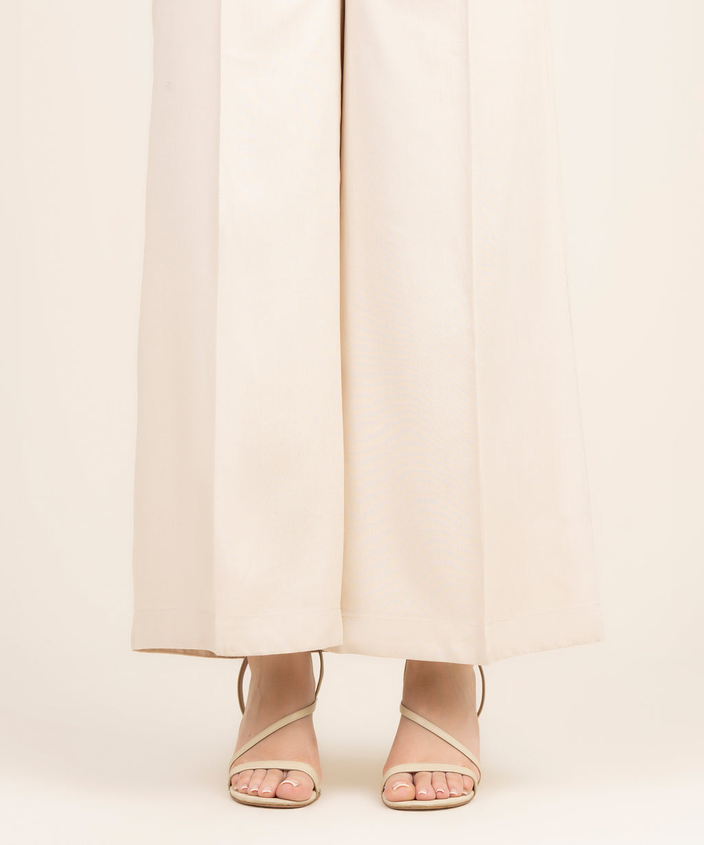 Women's RTW Viscose Linen Solid Beige Flared Pants