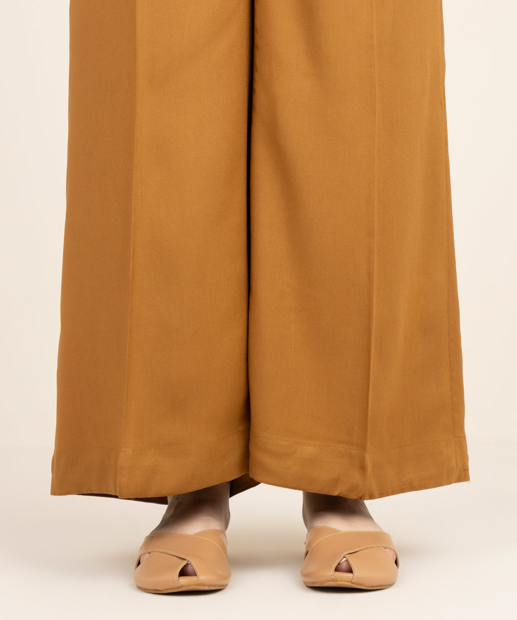 Women's RTW Viscose Linen Solid Brown Flared Pants