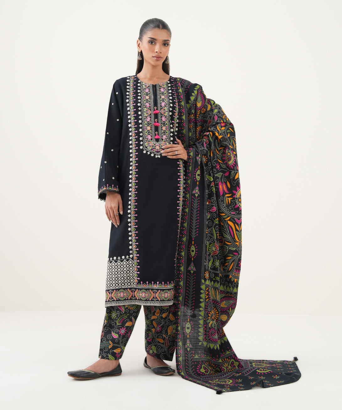Light Khaddar Printed Black Dupatta