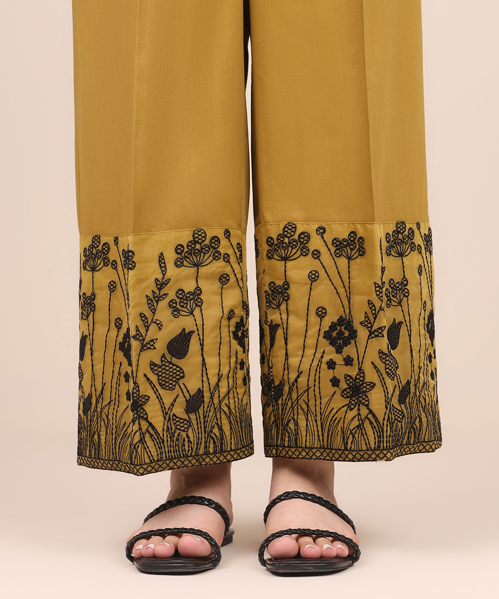 Women's Pret Cotton Viscose Brown Embroidered Culottes