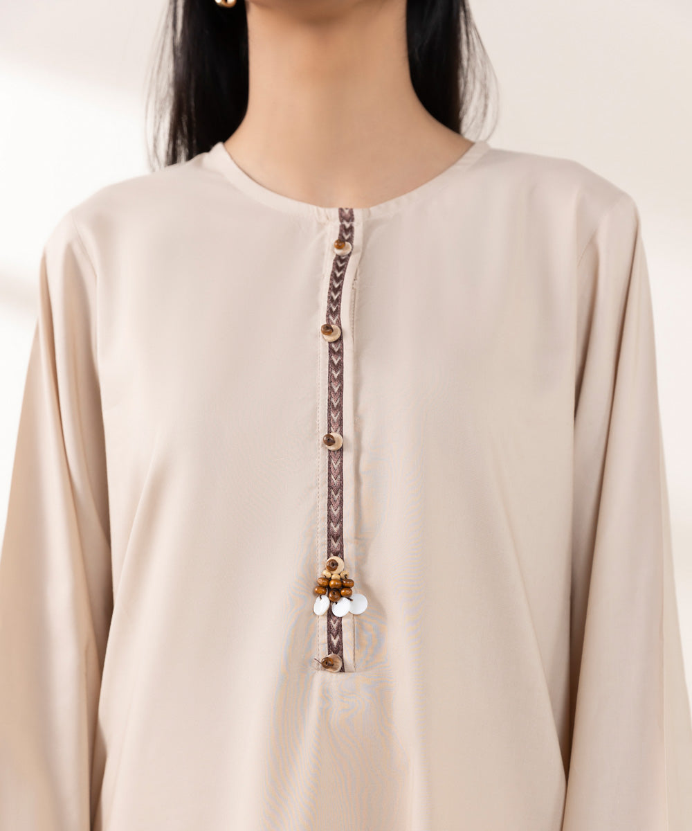 Women's Pret Cotton Viscose Beige Embroidered A-Line Shirt