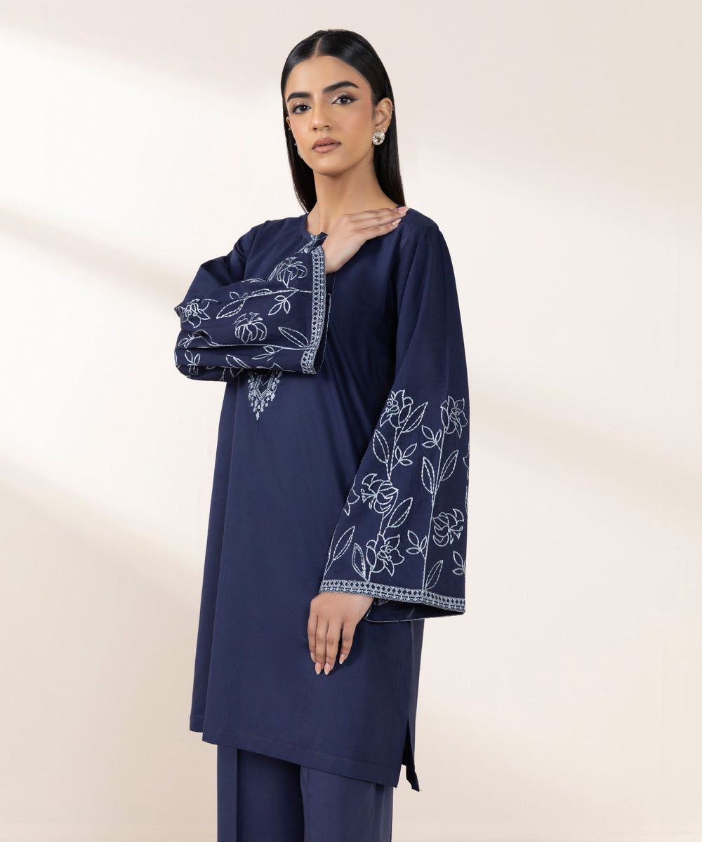 Women's Pret Cotton Viscose Blue Embroidered Boxy Shirt