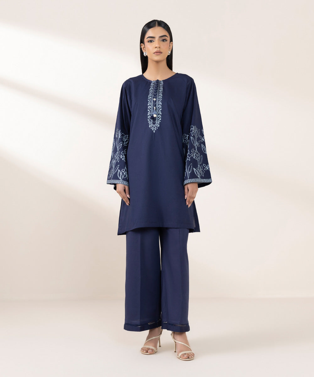 Women's Pret Cotton Viscose Blue Embroidered Boxy Shirt