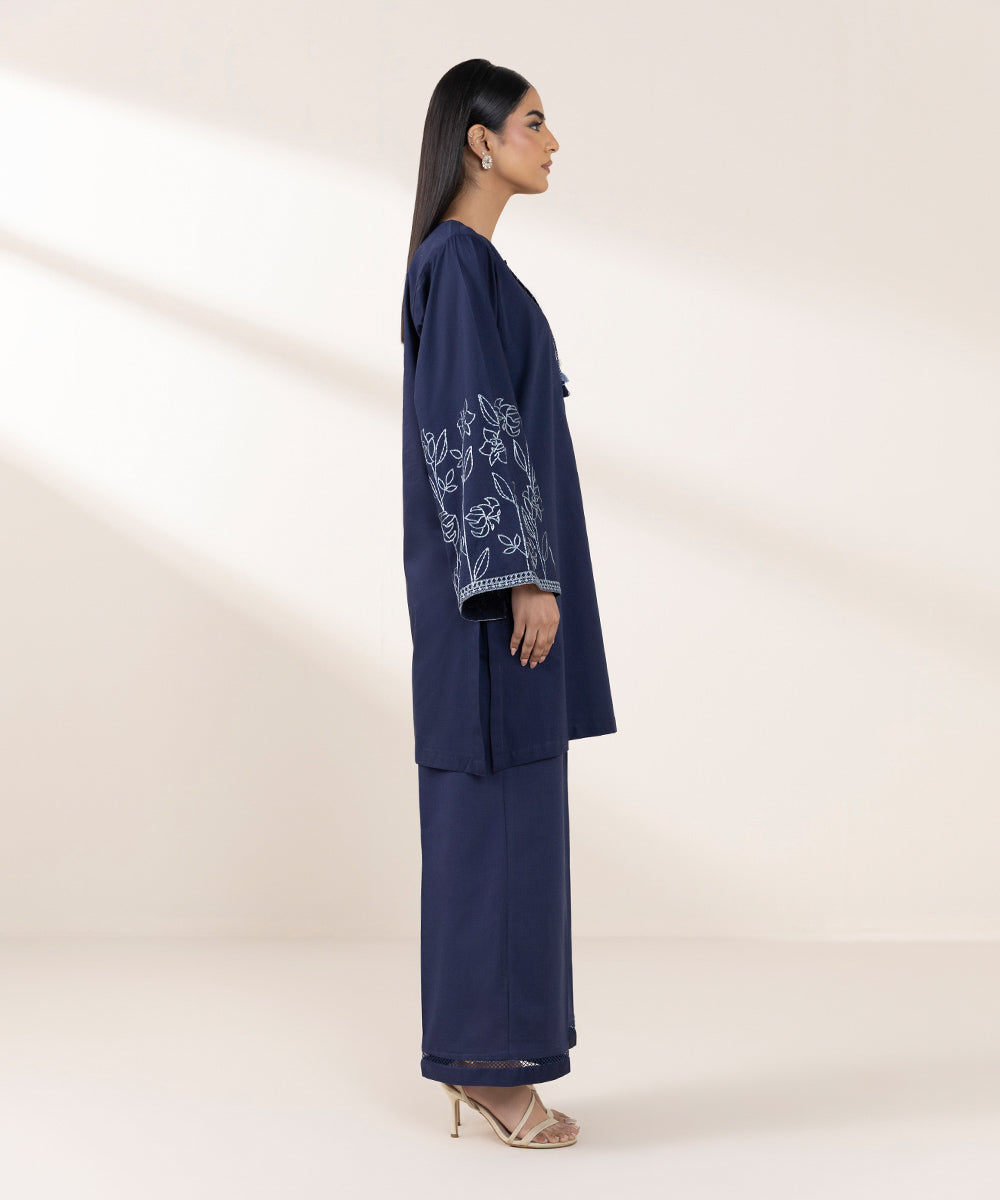 Women's Pret Cotton Viscose Blue Embroidered Boxy Shirt