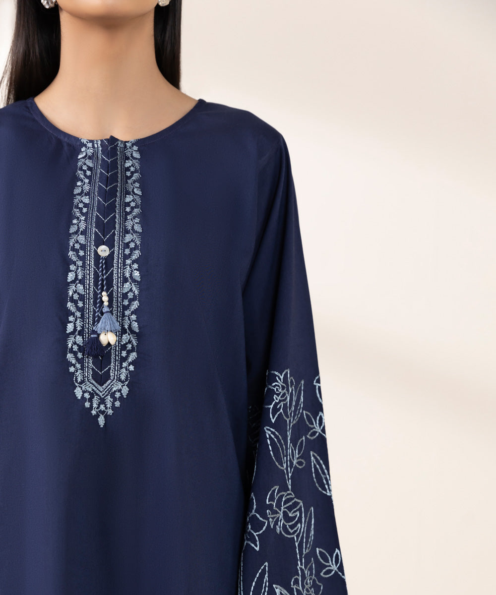 Women's Pret Cotton Viscose Blue Embroidered Boxy Shirt