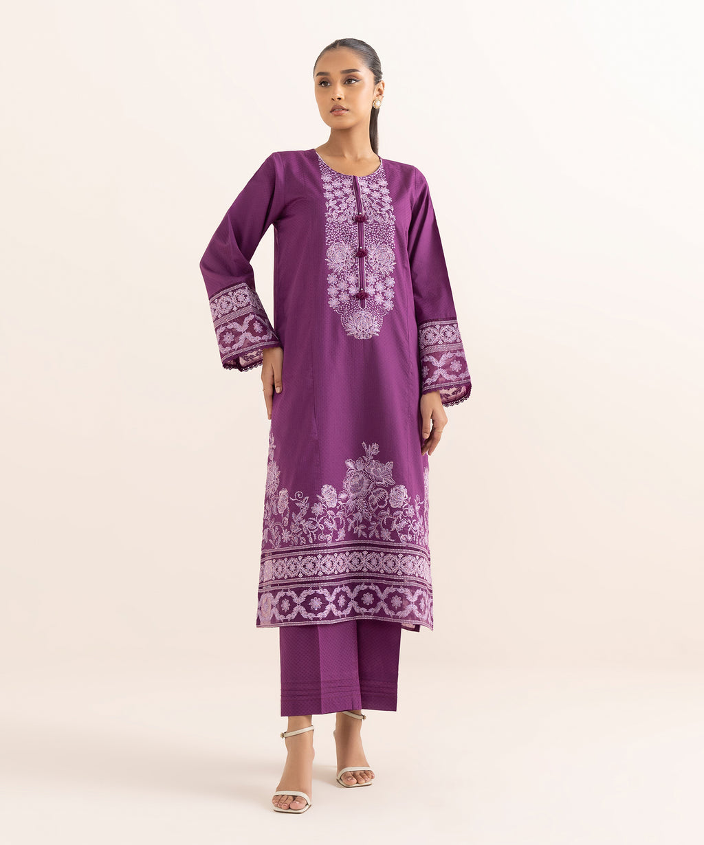 Women's RTW Dobby Purple Embroidered A-Line Shirt