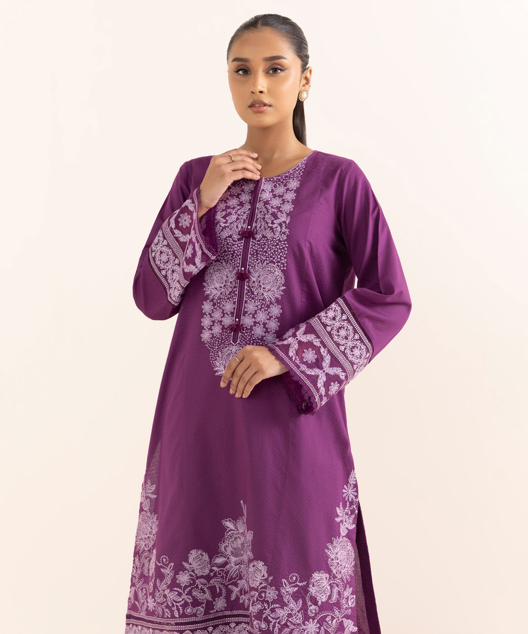 Women's RTW Dobby Purple Embroidered A-Line Shirt