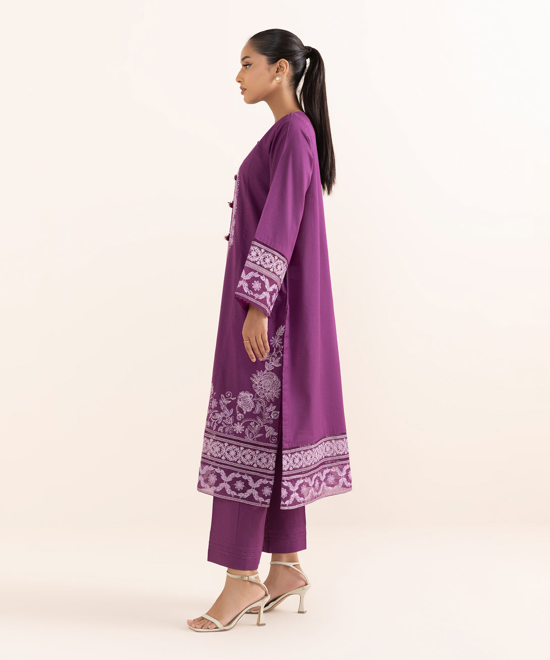 Women's RTW Dobby Purple Embroidered A-Line Shirt