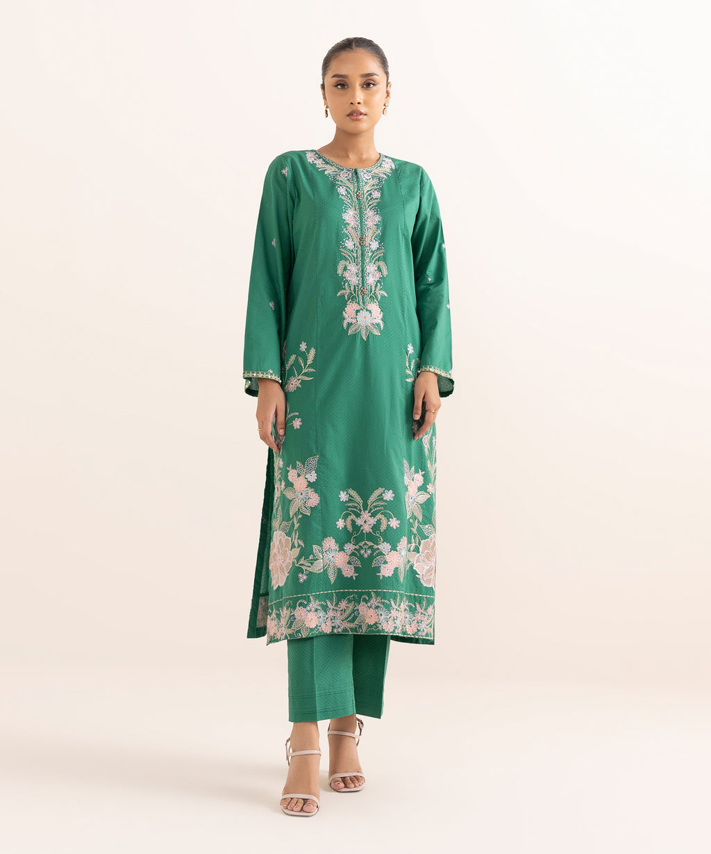 Women's RTW Dobby Green Embroidered A-Line Shirt