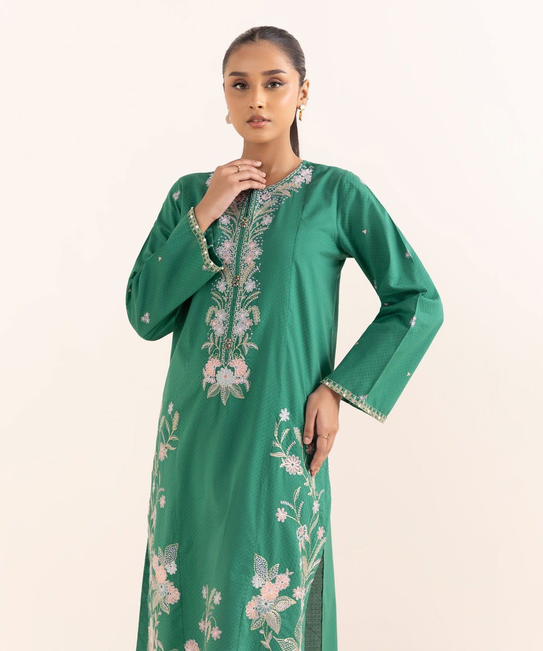 Women's RTW Dobby Green Embroidered A-Line Shirt