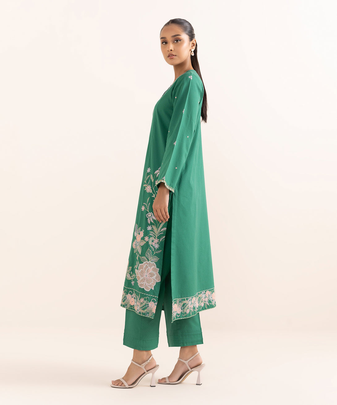 Women's RTW Dobby Green Embroidered A-Line Shirt