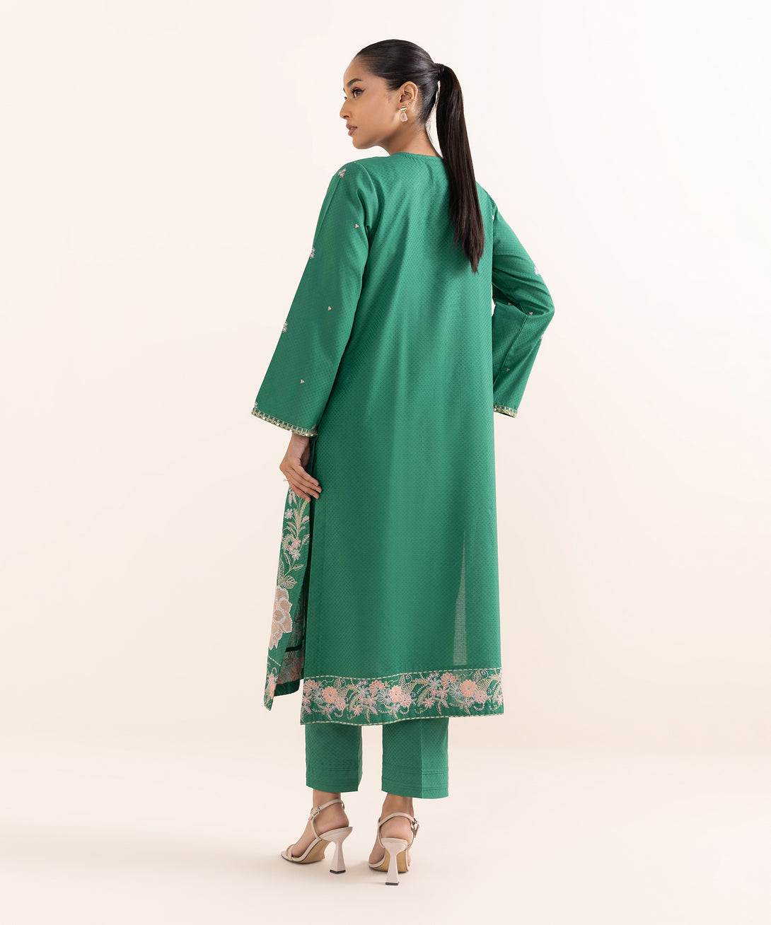 Women's RTW Dobby Green Embroidered A-Line Shirt