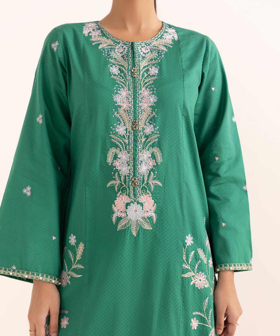 Women's RTW Dobby Green Embroidered A-Line Shirt