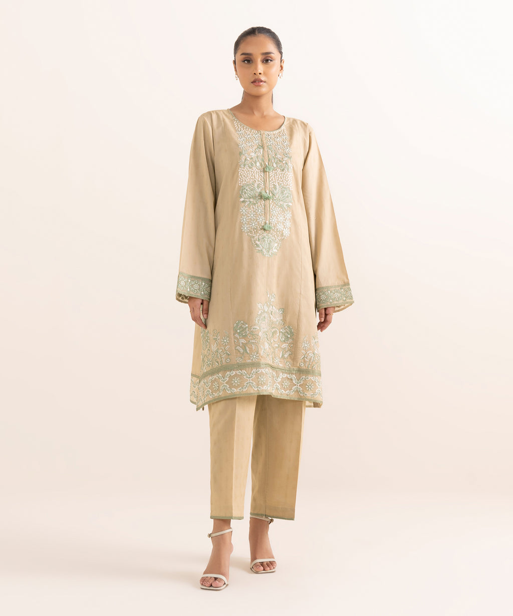 Women's RTW Cotton Jacquard Beige Embroidered A-Line Shirt