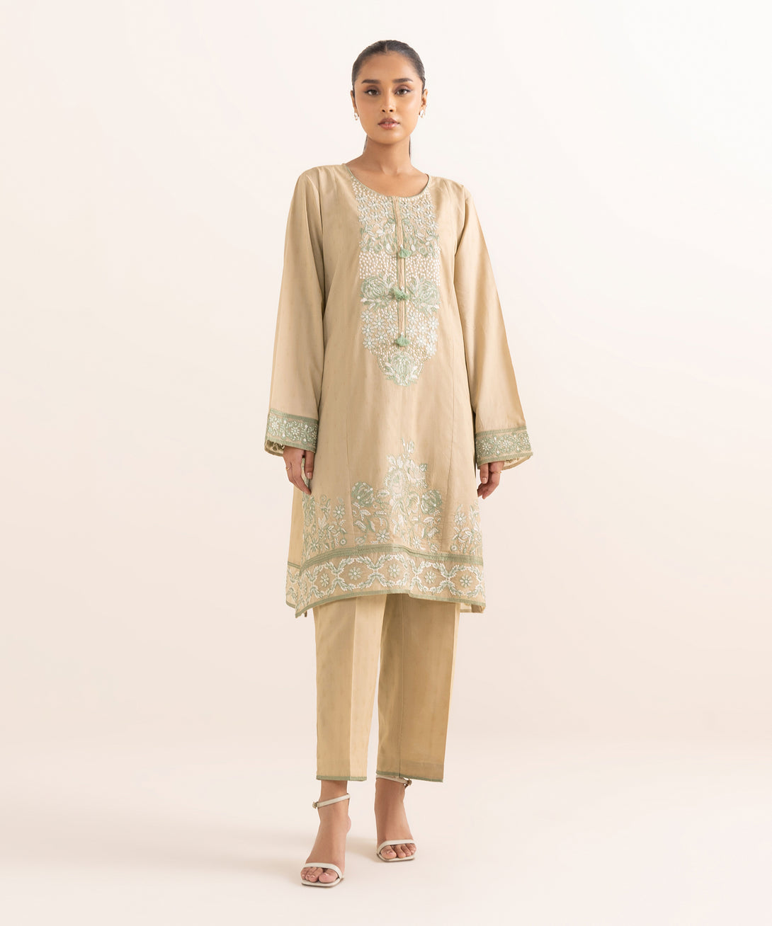 Women's RTW Cotton Jacquard Beige Embroidered A-Line Shirt