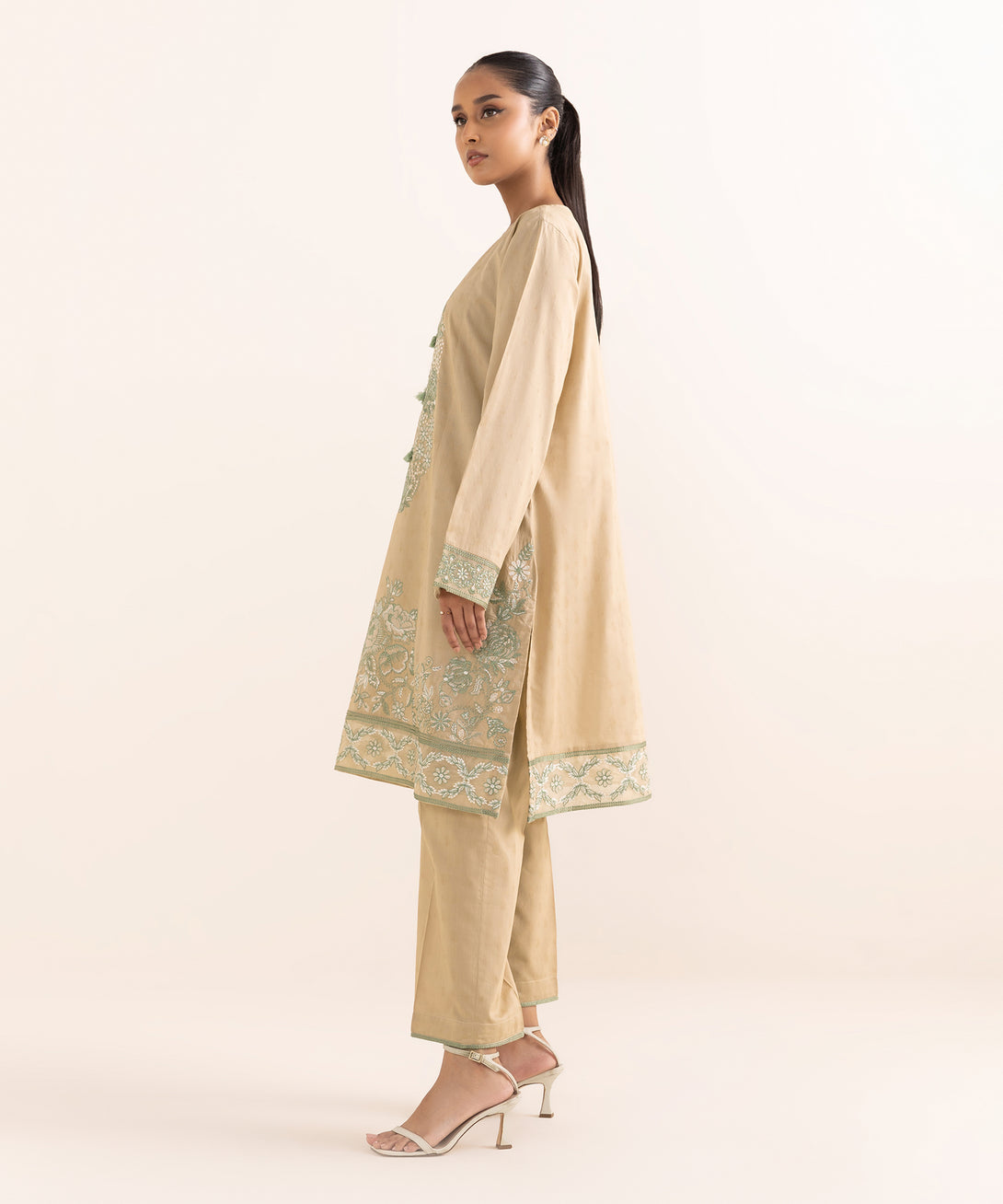 Women's RTW Cotton Jacquard Beige Embroidered A-Line Shirt