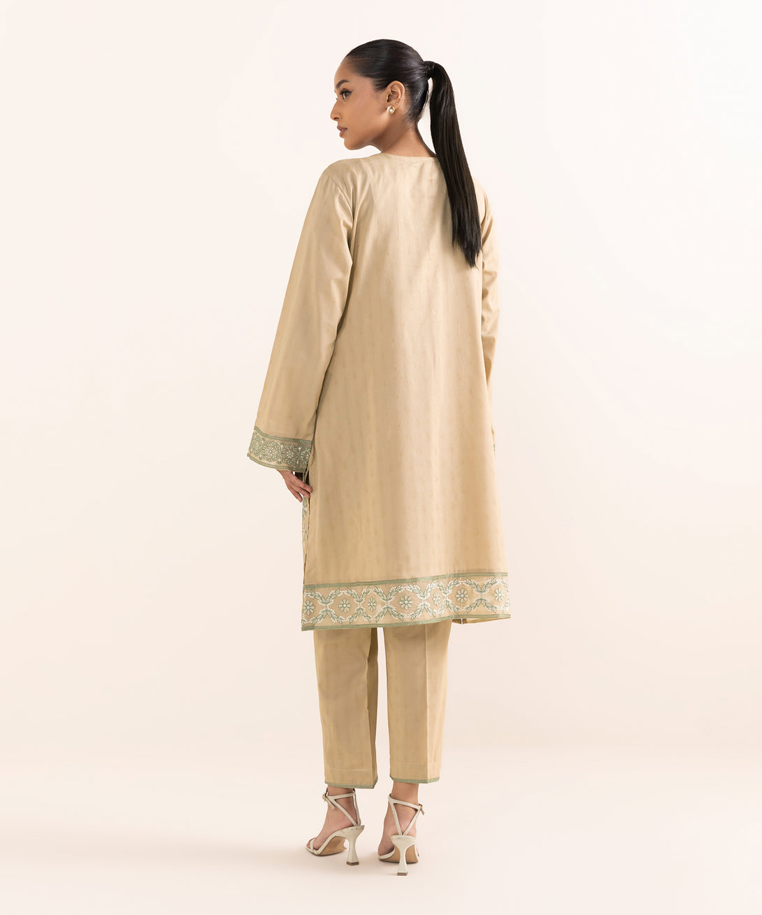 Women's RTW Cotton Jacquard Beige Embroidered A-Line Shirt