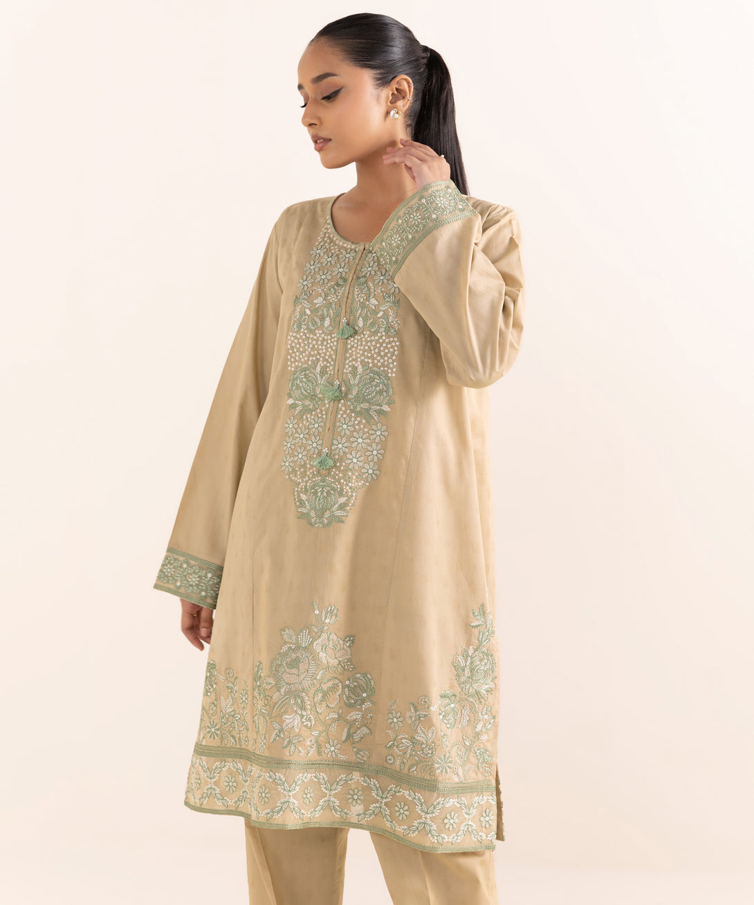 Women's RTW Cotton Jacquard Beige Embroidered A-Line Shirt