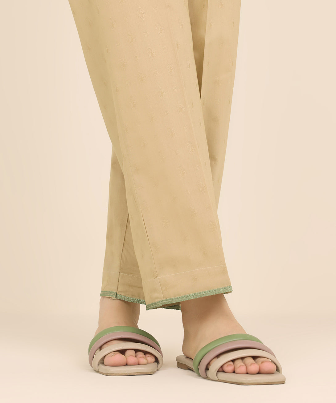 Women's RTW Dobby Beige Embroidered Straight Pants