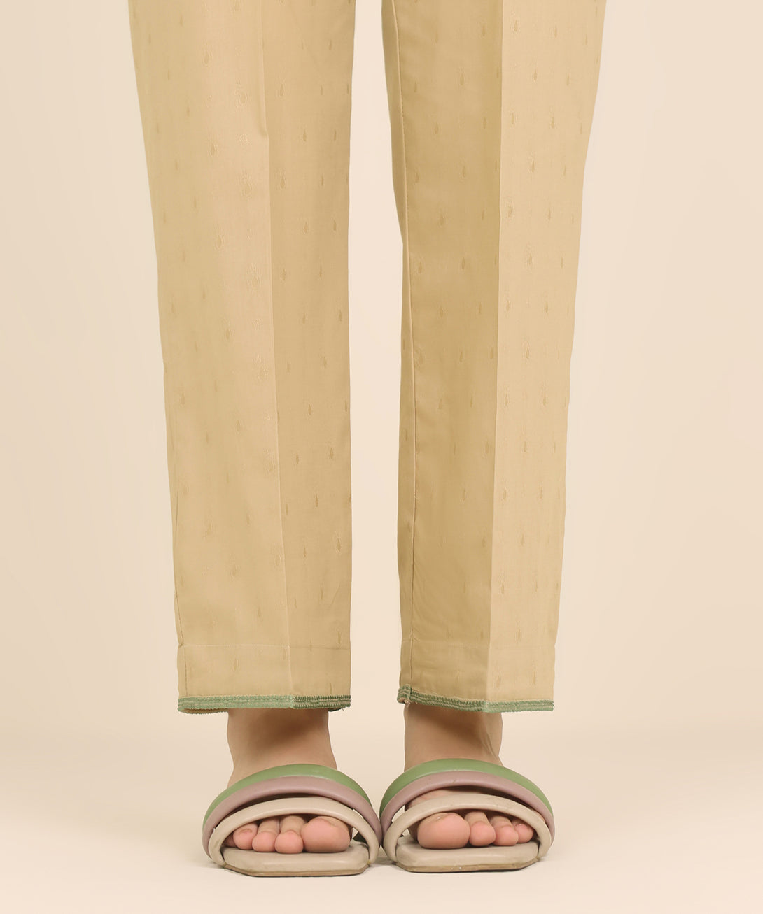 Women's RTW Dobby Beige Embroidered Straight Pants