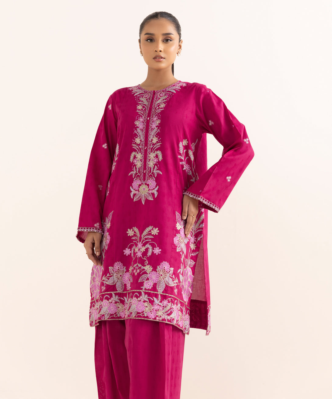 Women's RTW Cotton Jacquard Pink Embroidered A-Line Shirt