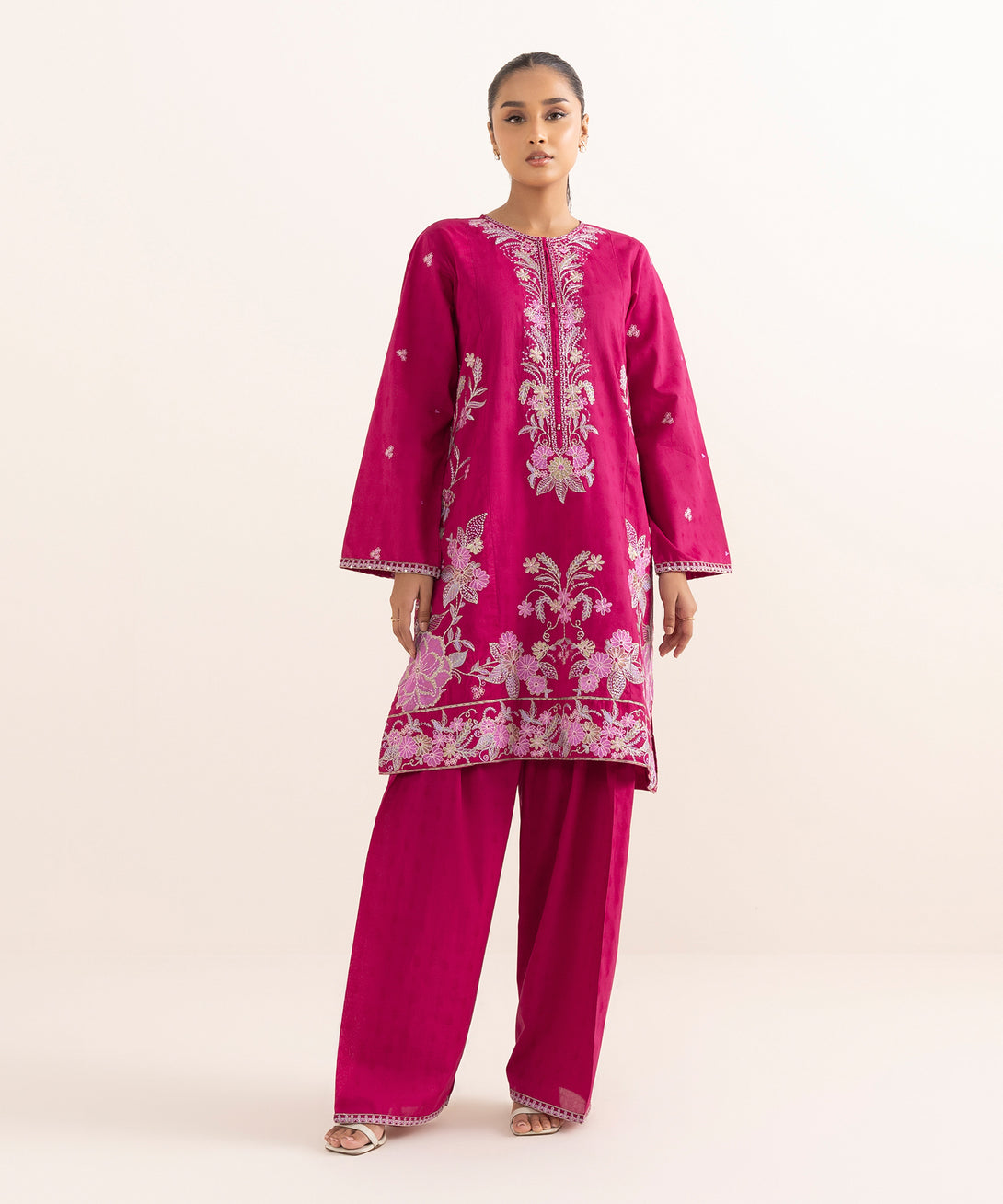 Women's RTW Cotton Jacquard Pink Embroidered A-Line Shirt