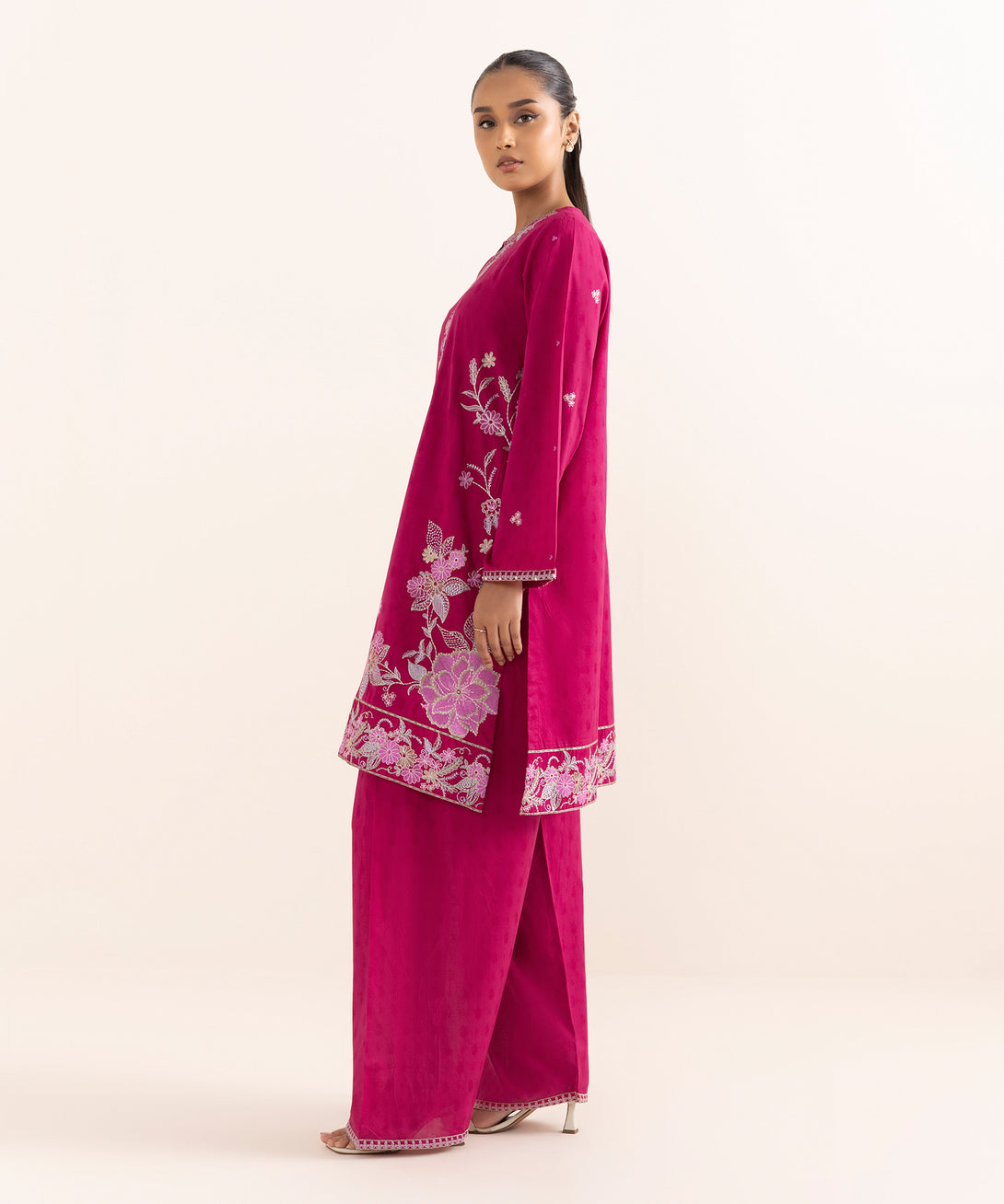 Women's RTW Cotton Jacquard Pink Embroidered A-Line Shirt