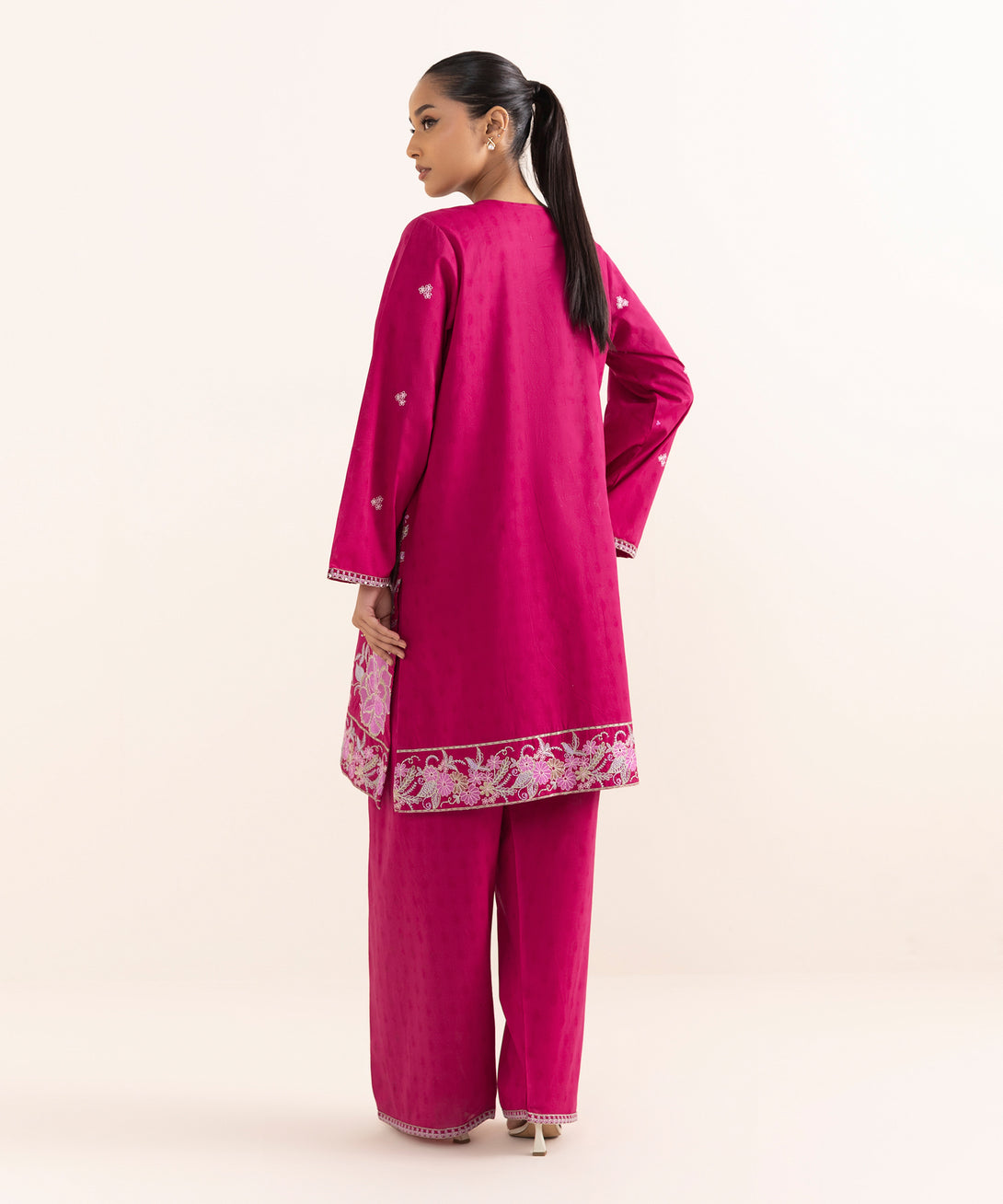 Women's RTW Cotton Jacquard Pink Embroidered A-Line Shirt