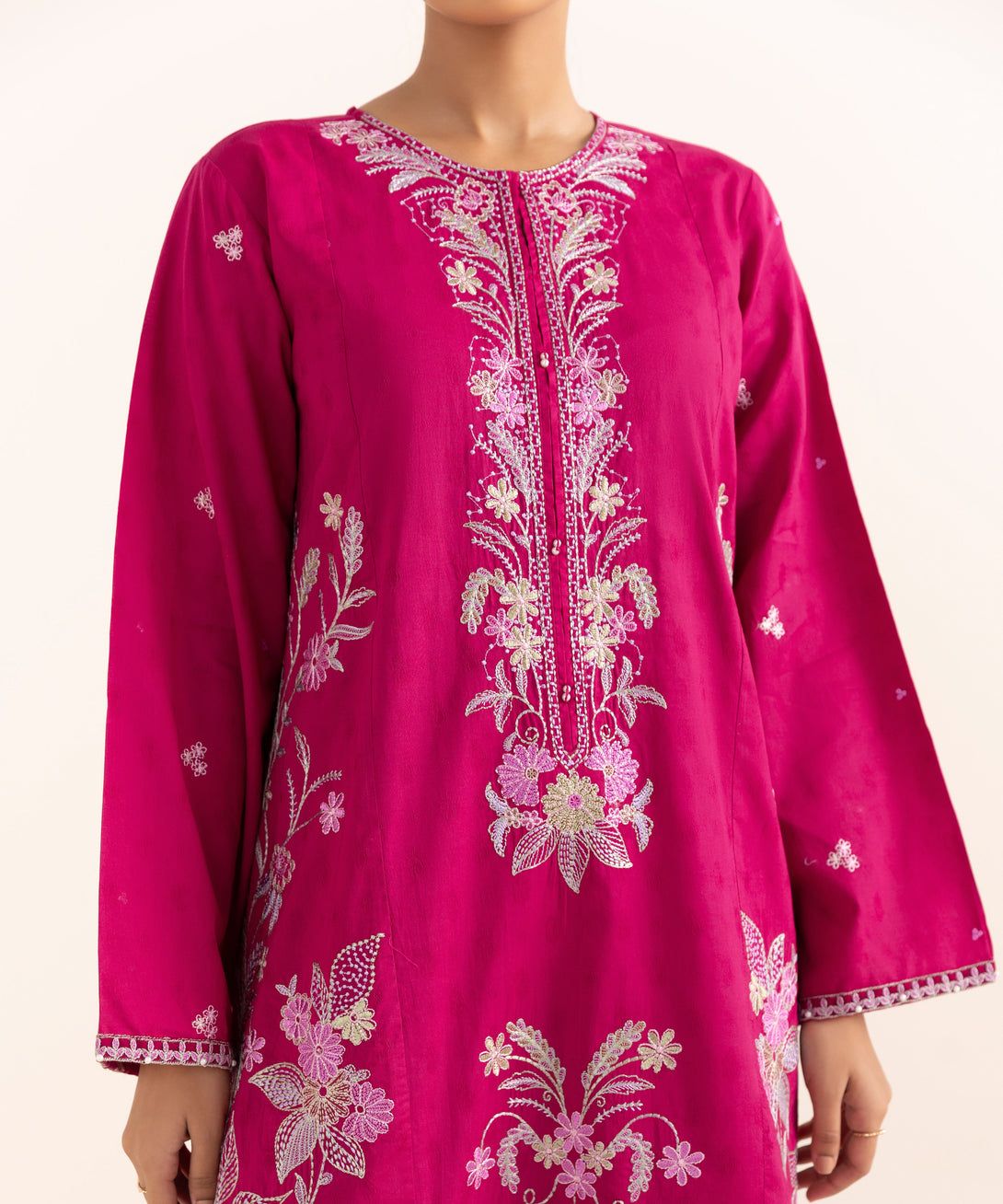 Women's RTW Cotton Jacquard Pink Embroidered A-Line Shirt