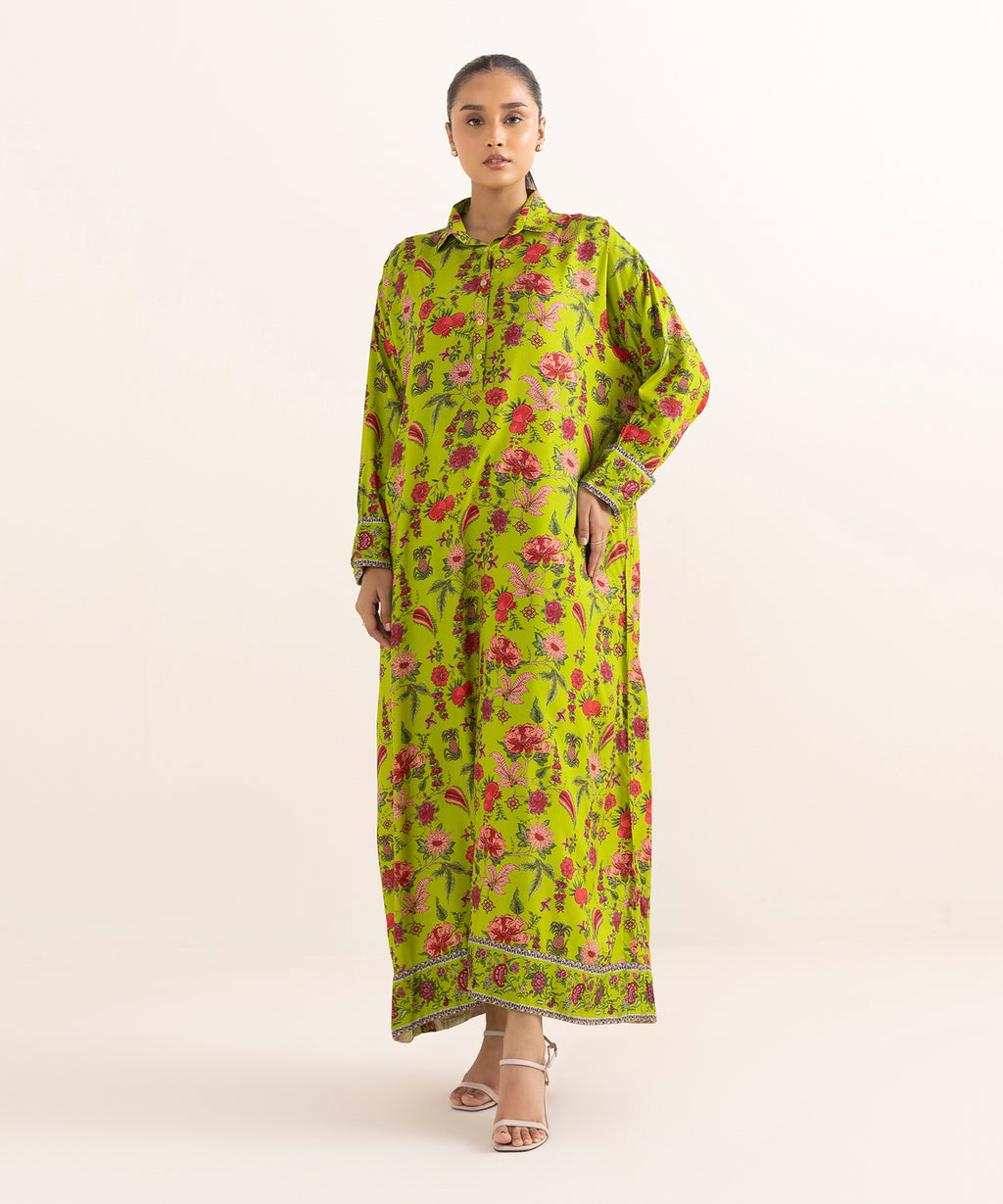 Women's RTW Arabic Lawn Green Printed Boxy Shirt