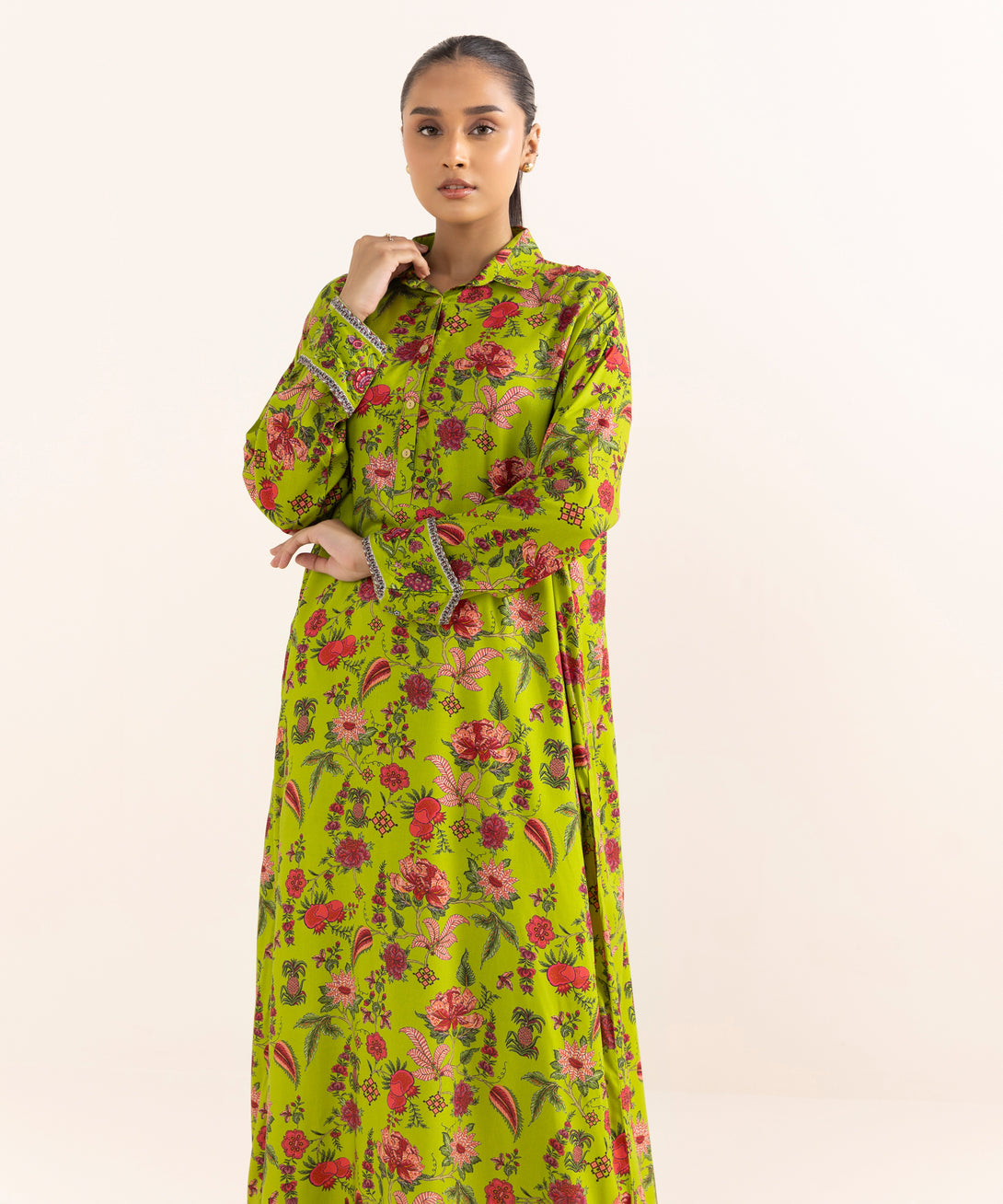 Women's RTW Arabic Lawn Green Printed Boxy Shirt