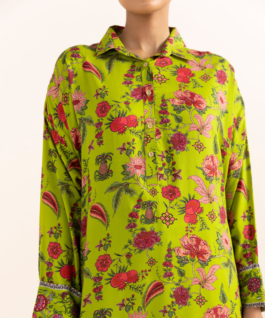 Women's RTW Arabic Lawn Green Printed Boxy Shirt