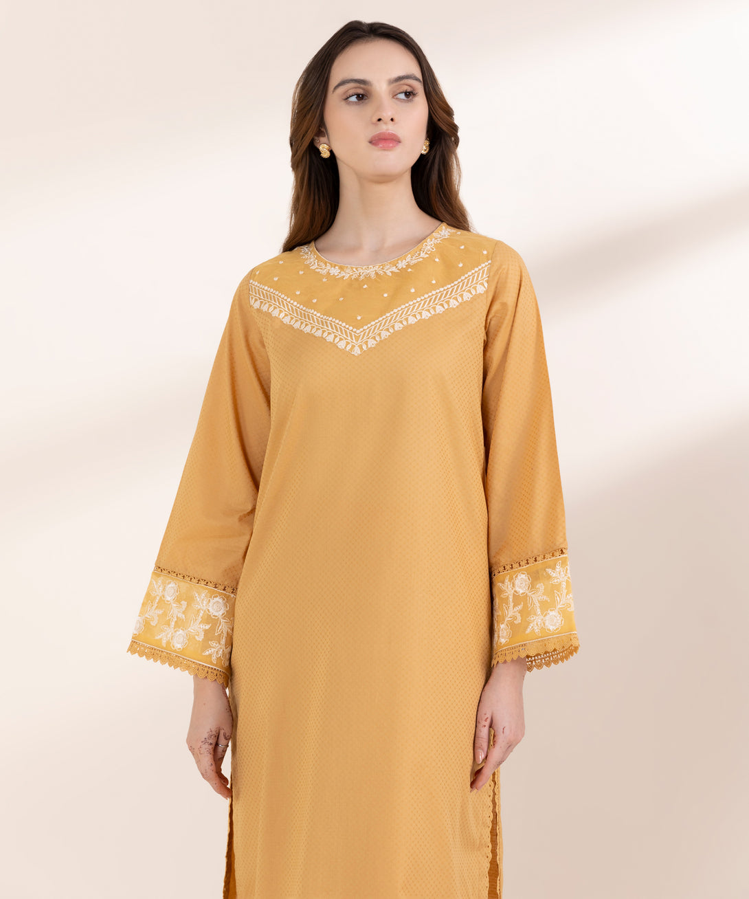 Women's RTW Dobby Yellow Embroidered A-Line Shirt