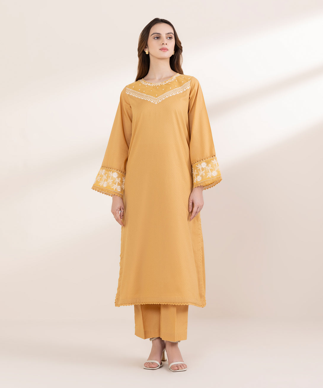 Women's RTW Dobby Yellow Embroidered A-Line Shirt