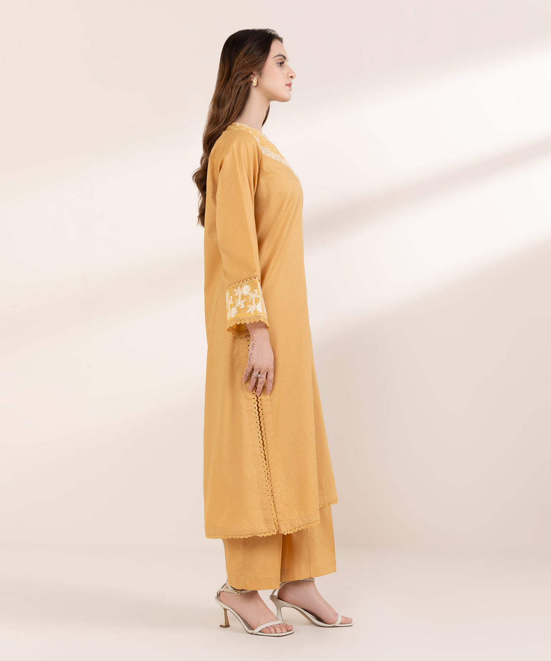 Women's RTW Dobby Yellow Embroidered A-Line Shirt