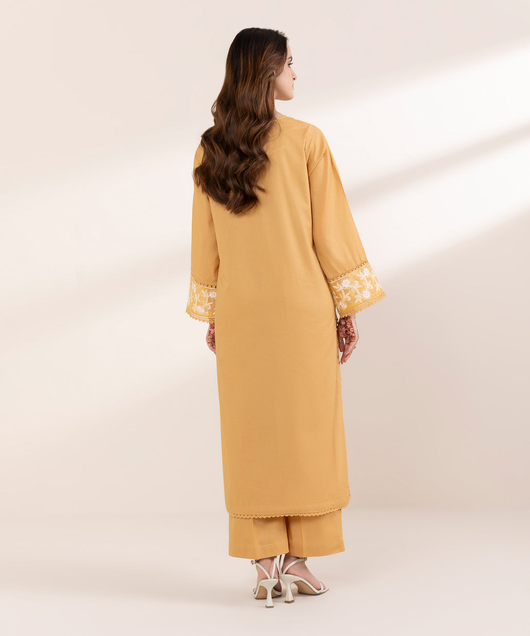 Women's RTW Dobby Yellow Embroidered A-Line Shirt