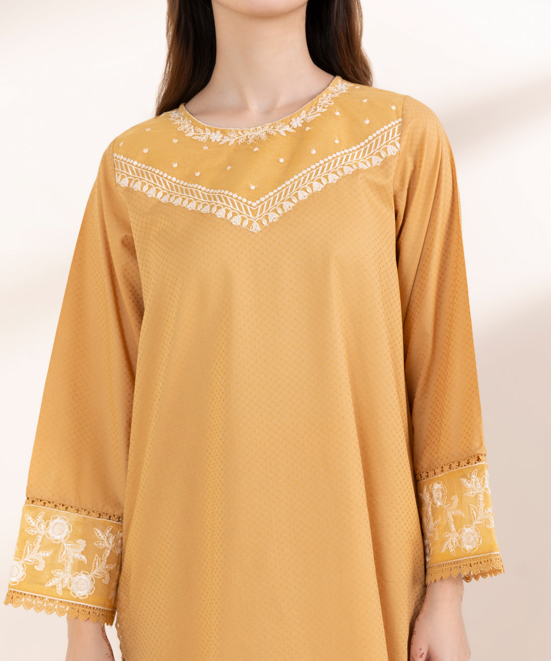 Women's RTW Dobby Yellow Embroidered A-Line Shirt