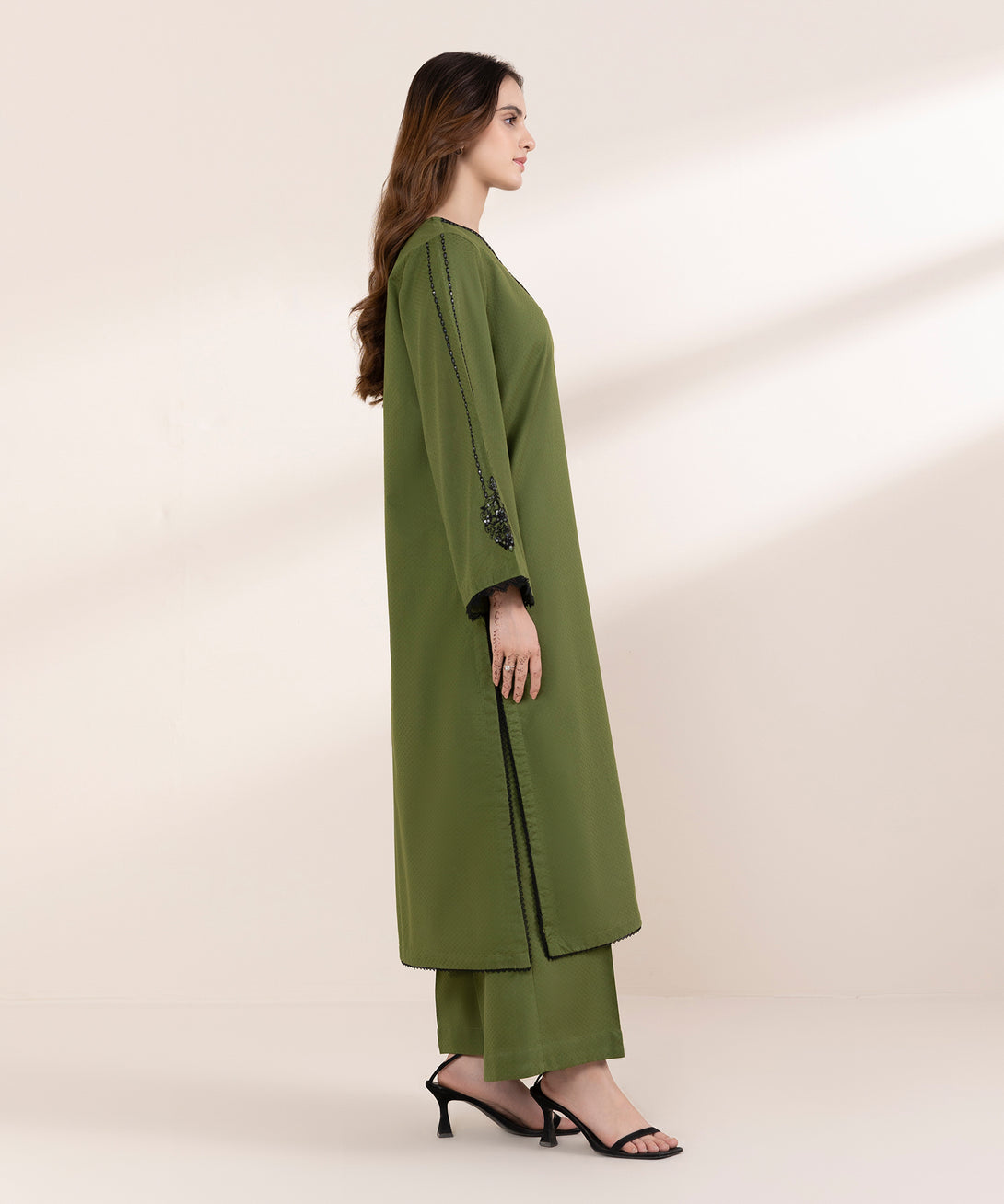 Women's RTW Dobby Green Embroidered A-Line Shirt