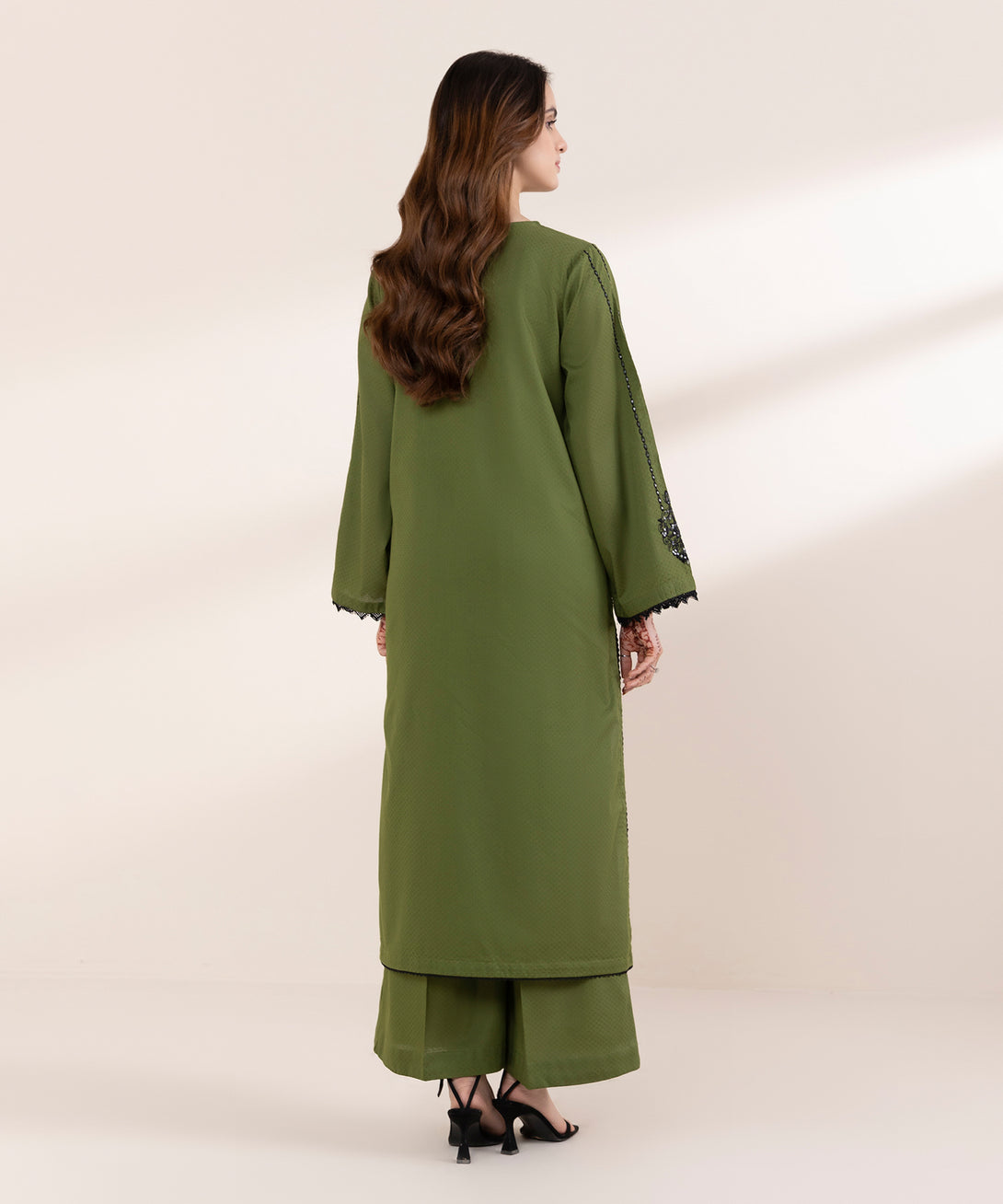 Women's RTW Dobby Green Embroidered A-Line Shirt