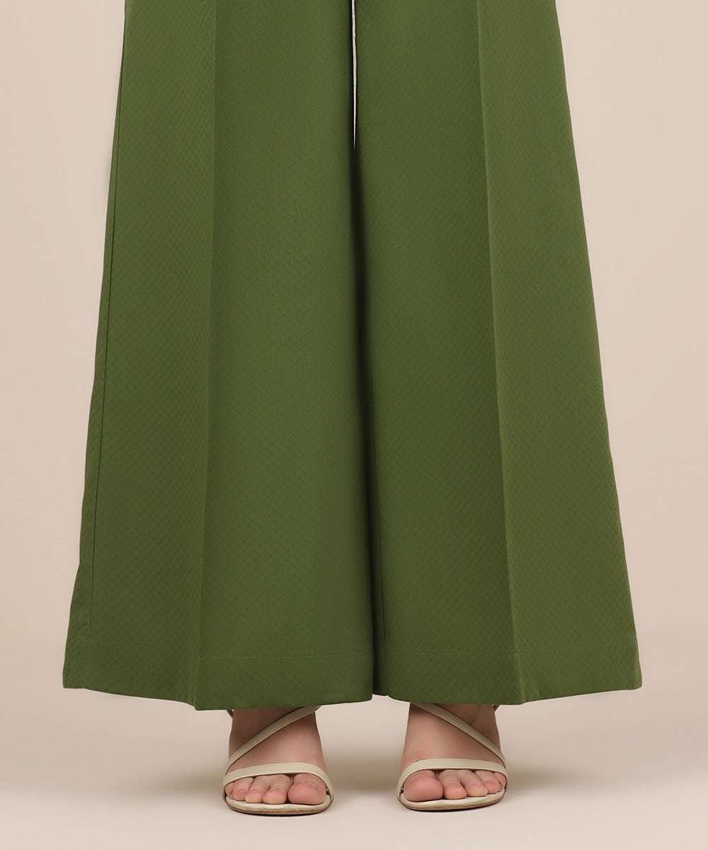 Women's RTW Cambric Green Solid Flared Pants