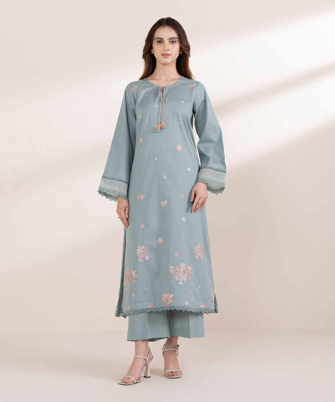 Women's RTW Dobby Green Embroidered A-Line Shirt