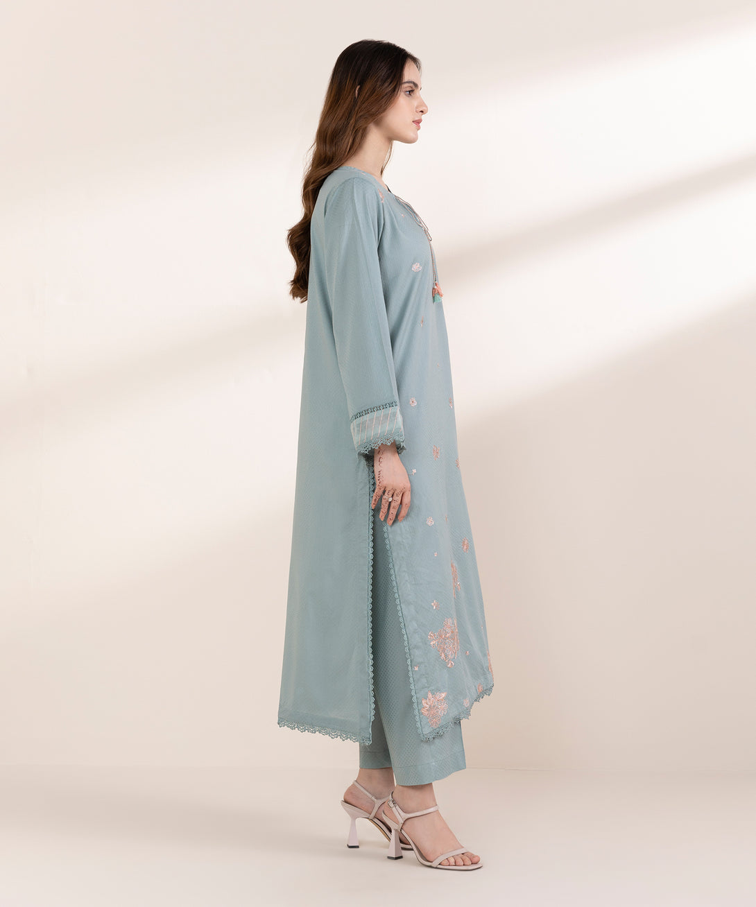 Women's RTW Dobby Green Embroidered A-Line Shirt