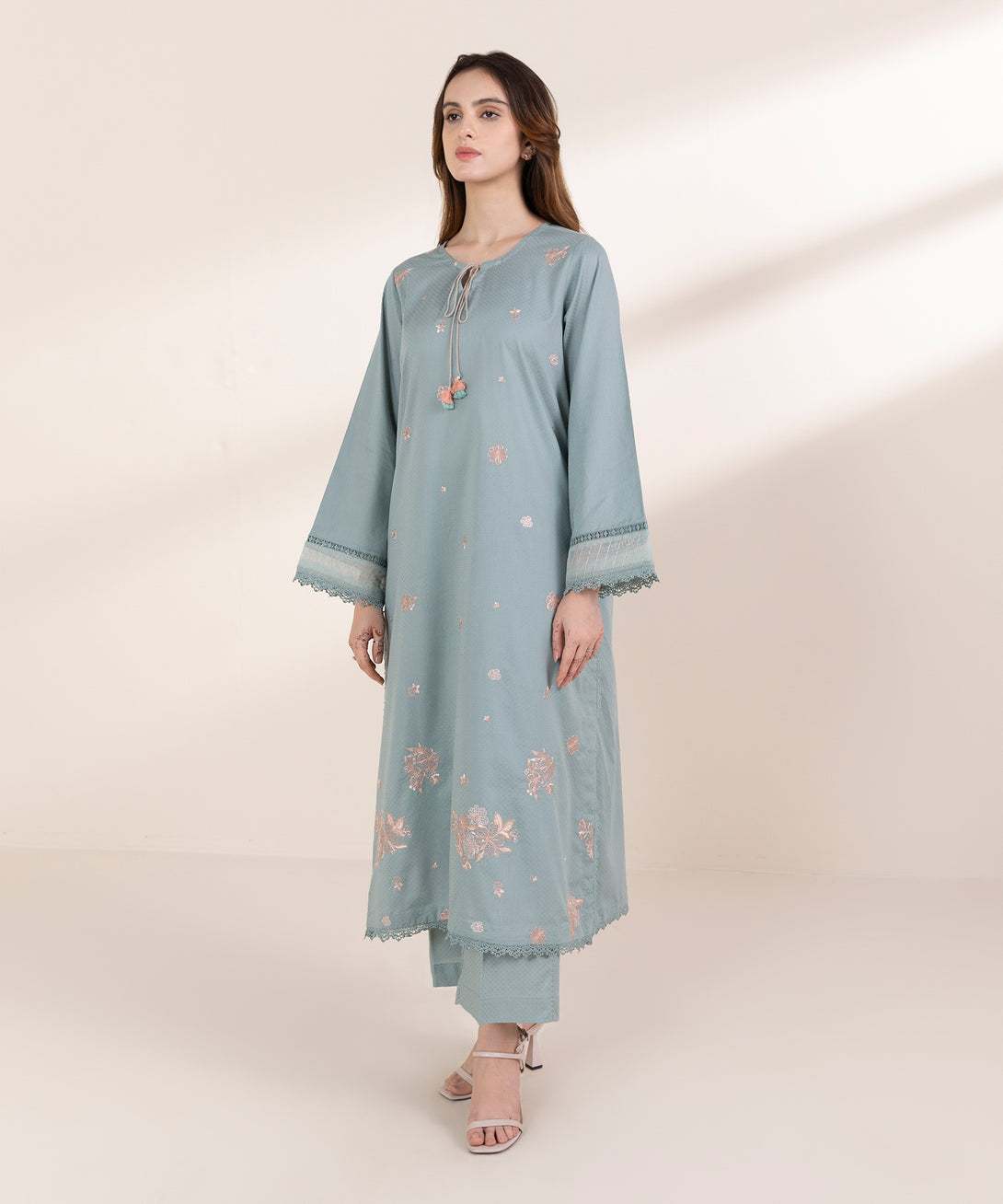 Women's RTW Dobby Green Embroidered A-Line Shirt
