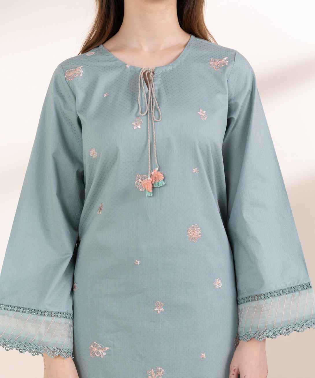 Women's RTW Dobby Green Embroidered A-Line Shirt