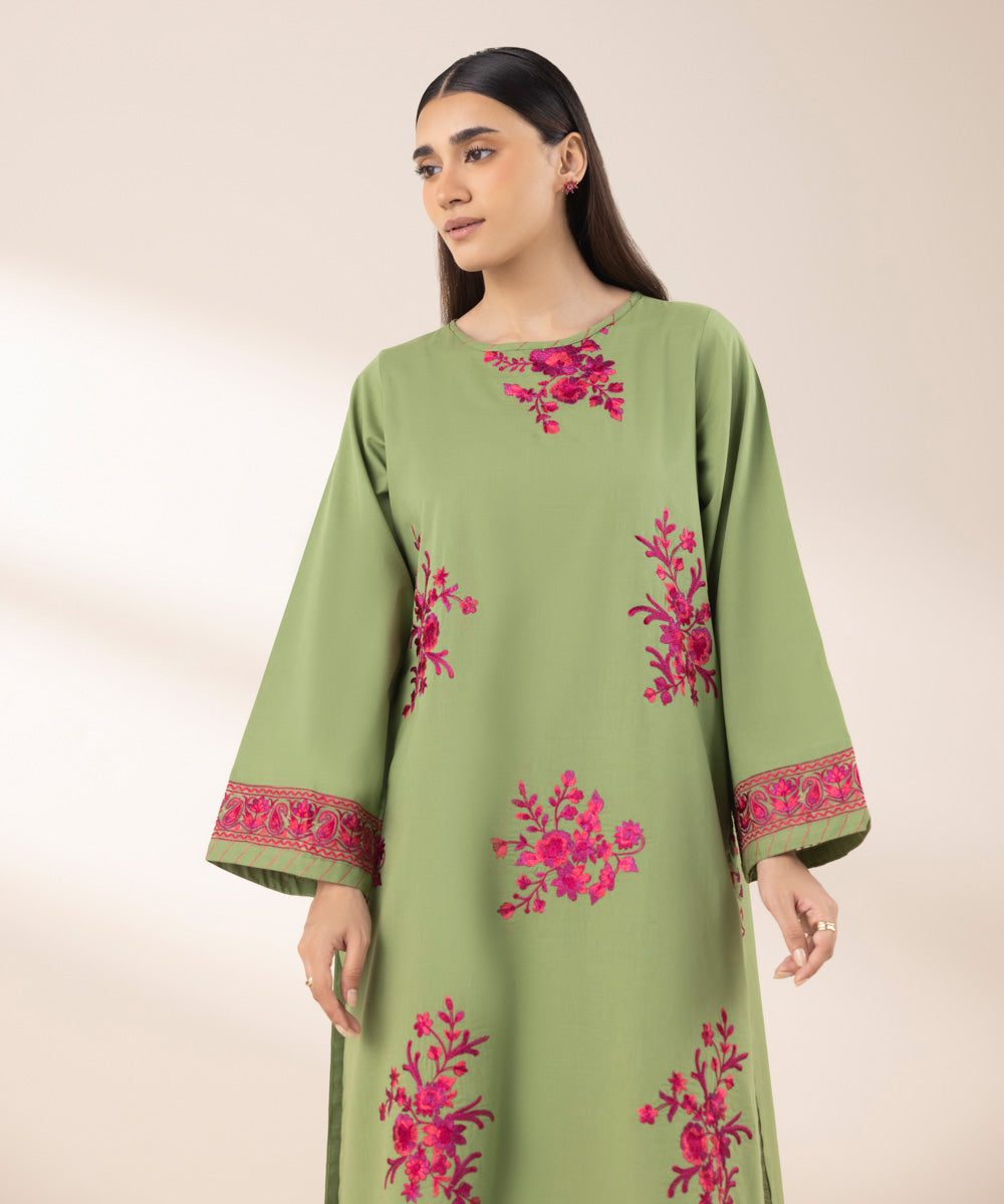 Women's RTW Textured Lawn Green Embroidered A-Line Shirt