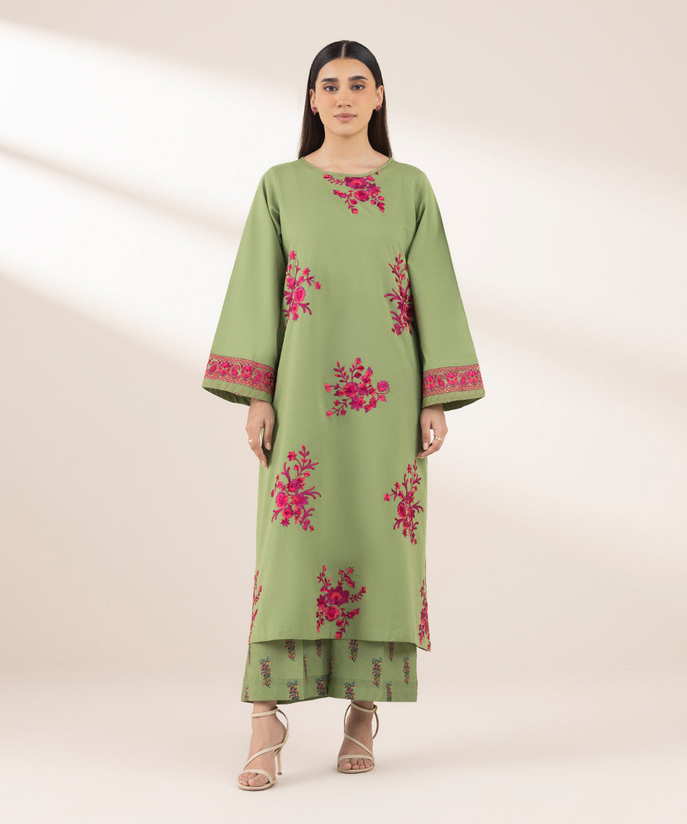 Women's RTW Textured Lawn Green Embroidered A-Line Shirt