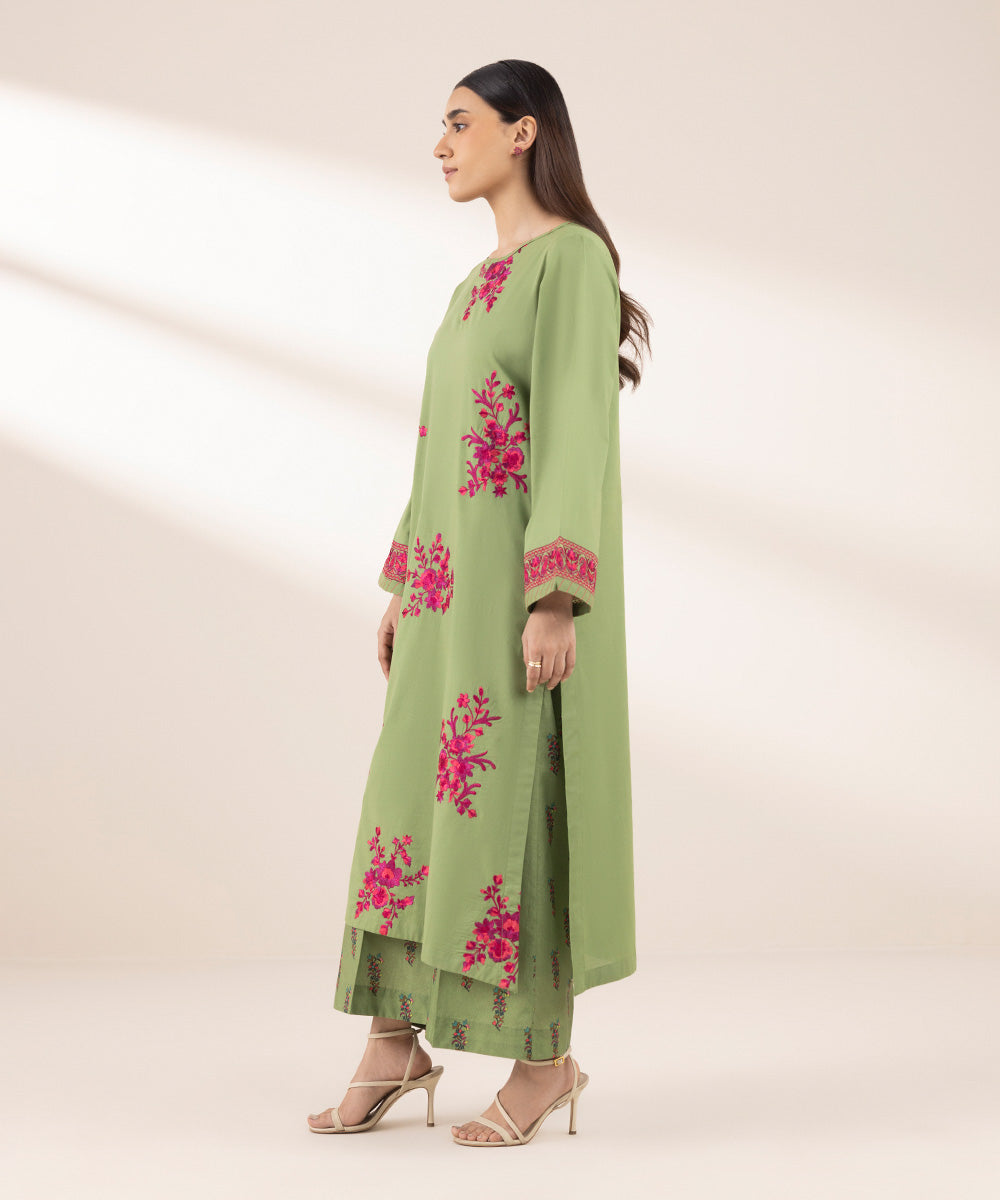 Women's RTW Textured Lawn Green Embroidered A-Line Shirt