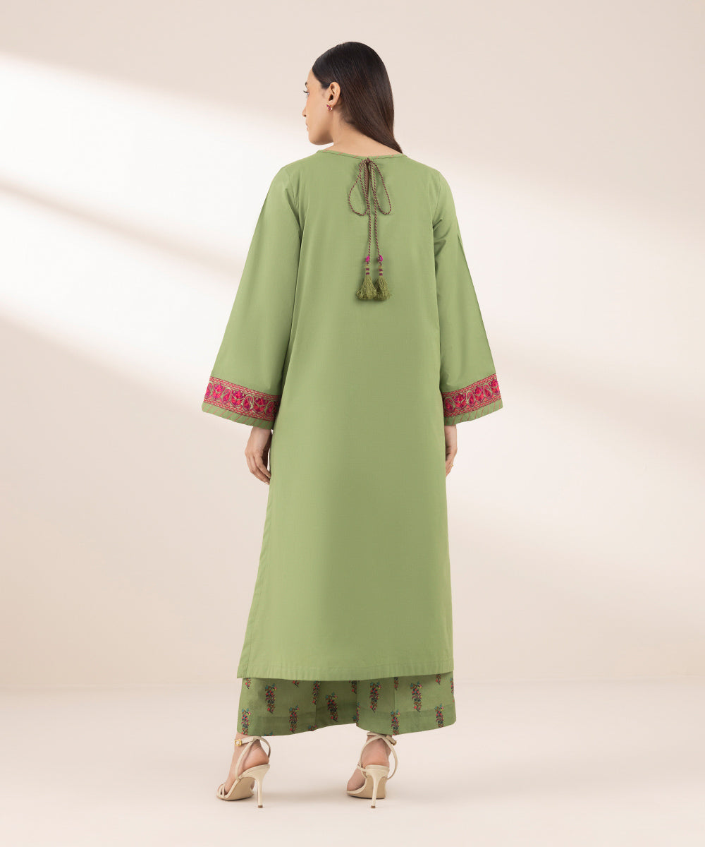 Women's RTW Textured Lawn Green Embroidered A-Line Shirt