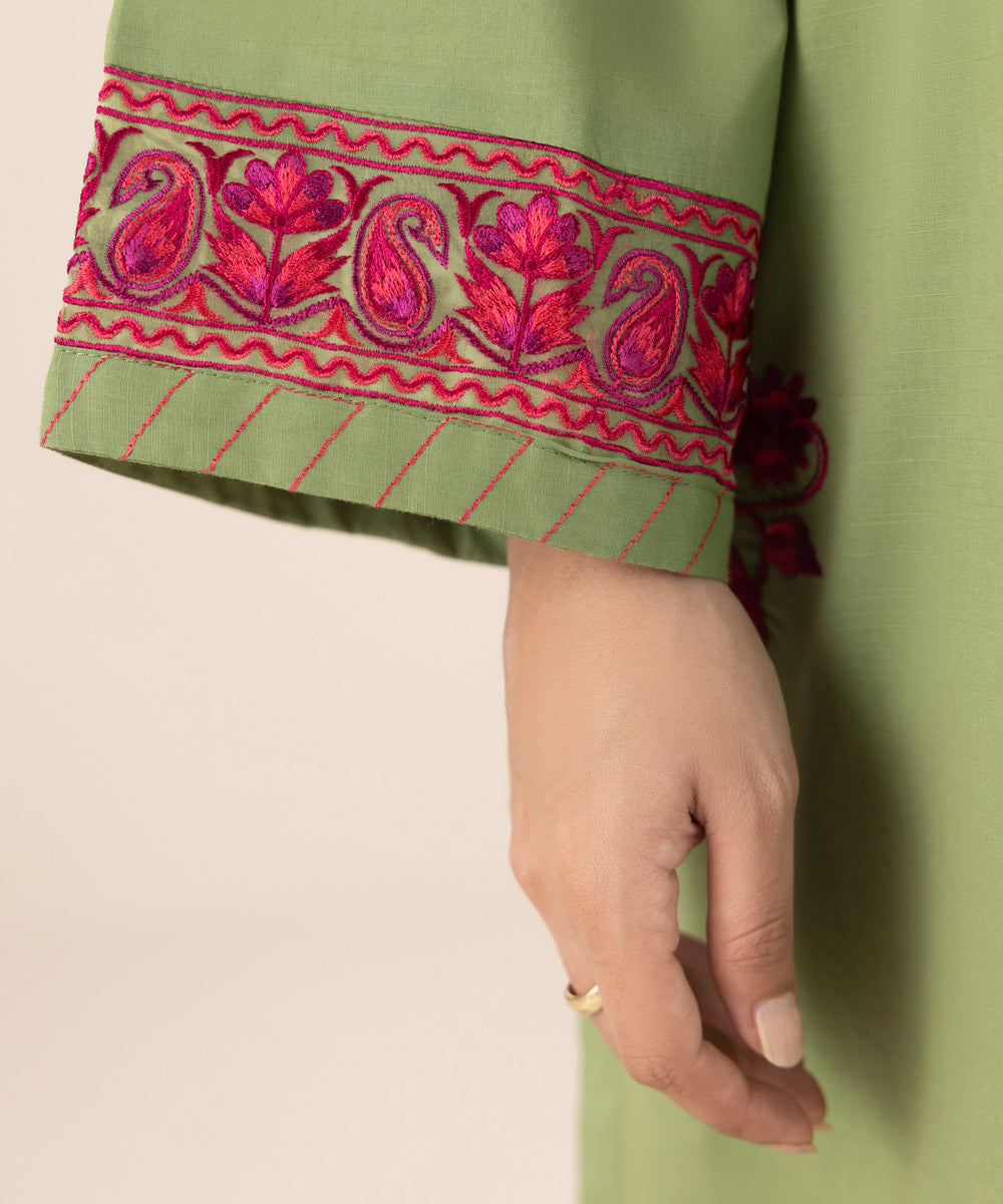 Women's RTW Textured Lawn Green Embroidered A-Line Shirt